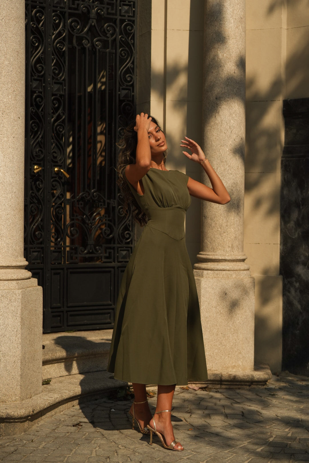 khaki green dress Maxi Sustainable Tencel ideal for making a statement at your next event. Off The Shoulder Drape Detail