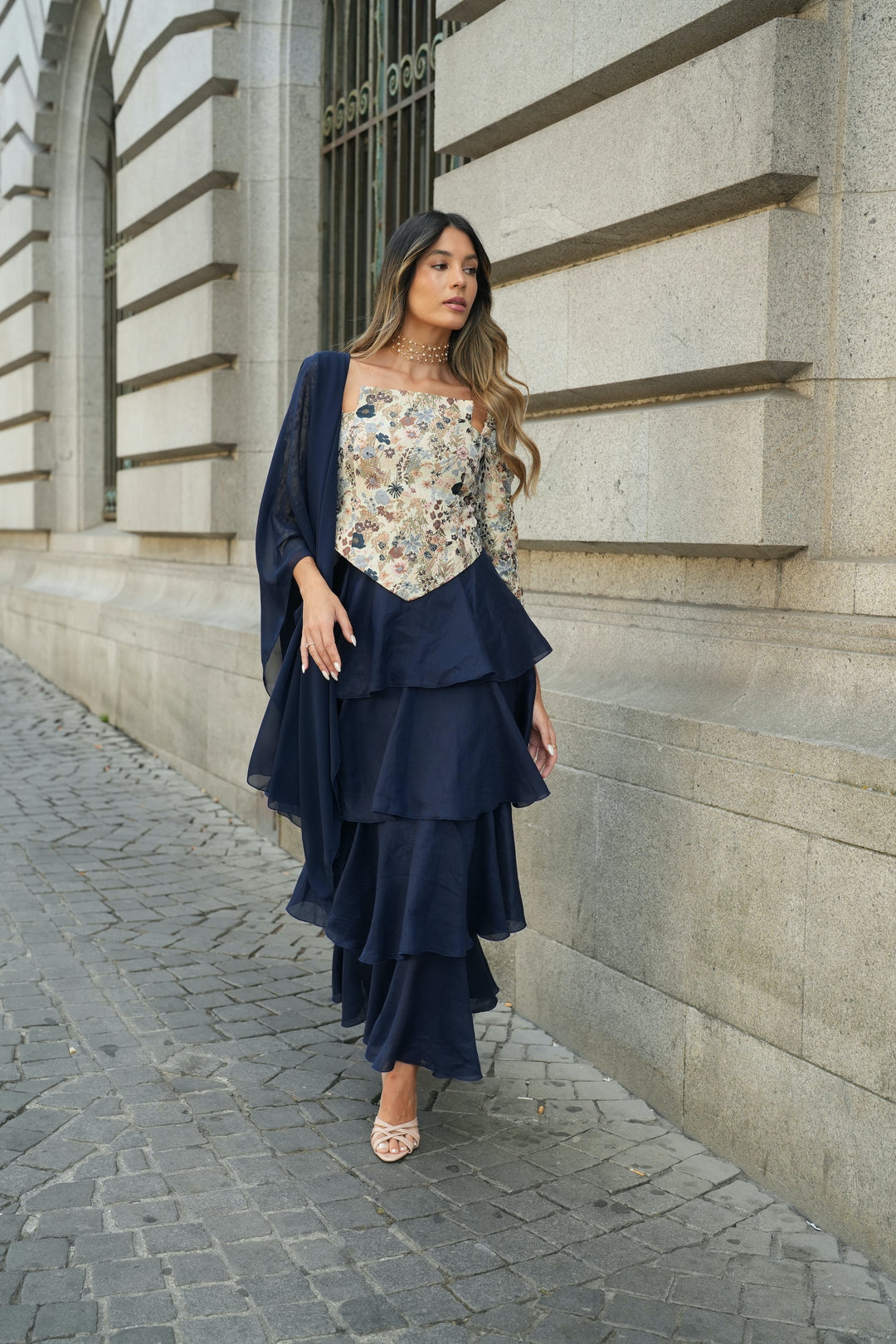FALDA FLAMENCO LINO MARINO