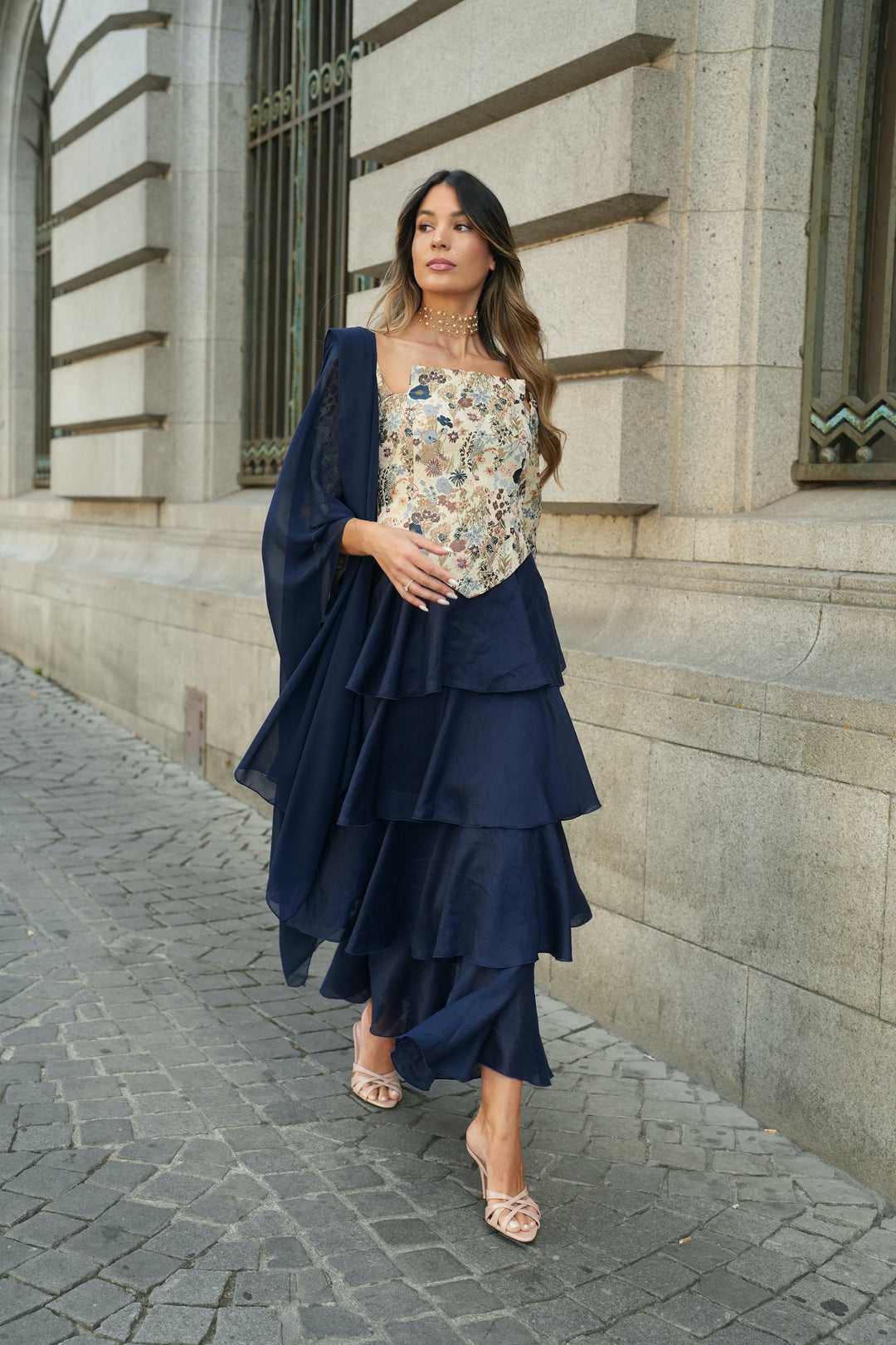 FALDA FLAMENCO LINO MARINO