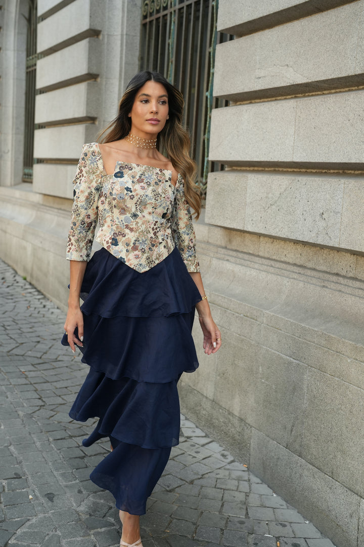 FALDA FLAMENCO LINO MARINO