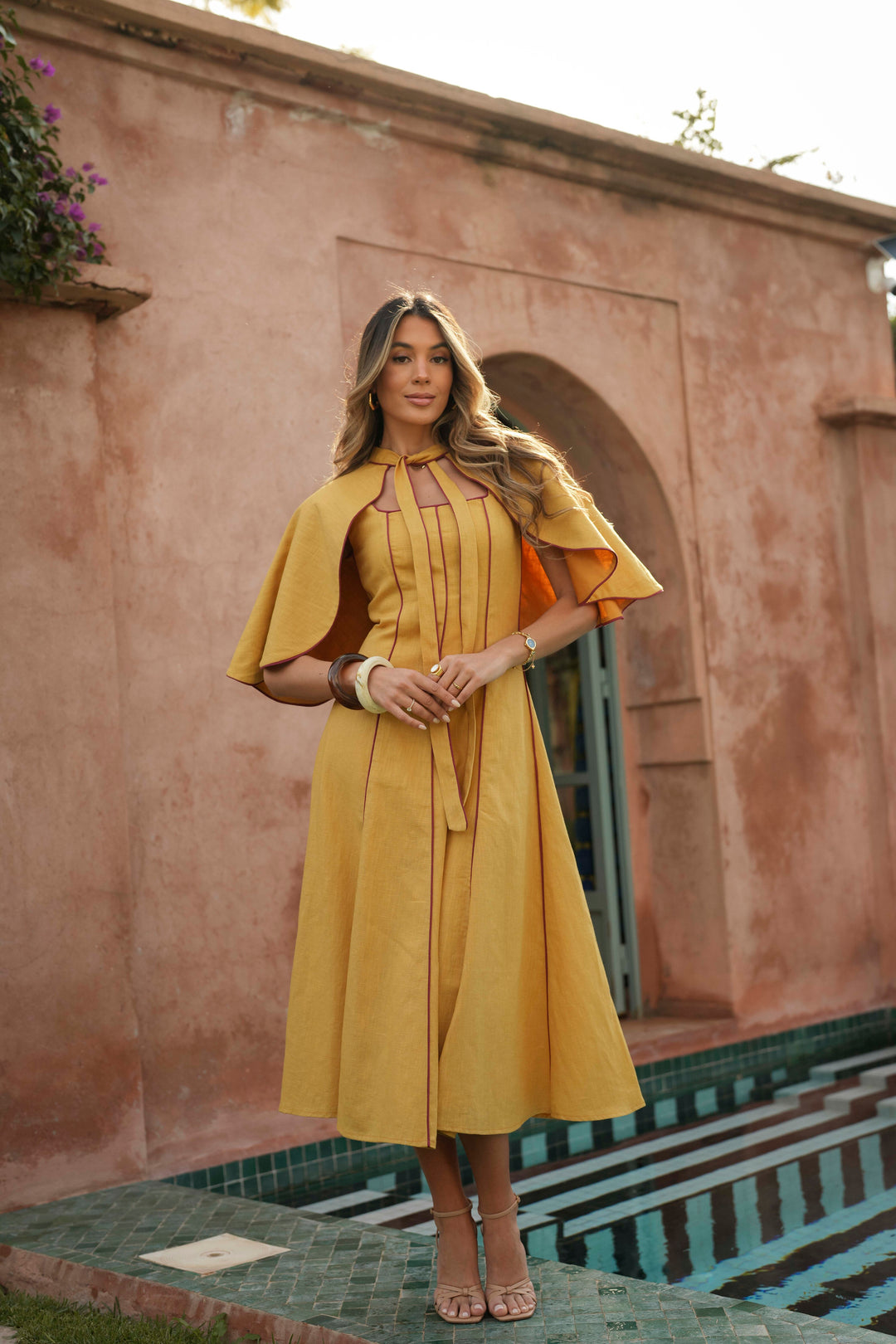 FLORA LINEN MUSTARD DRESS