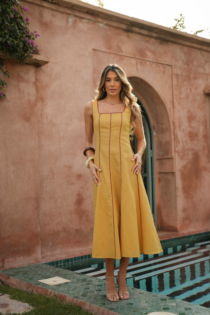 FLORA LINEN MUSTARD DRESS