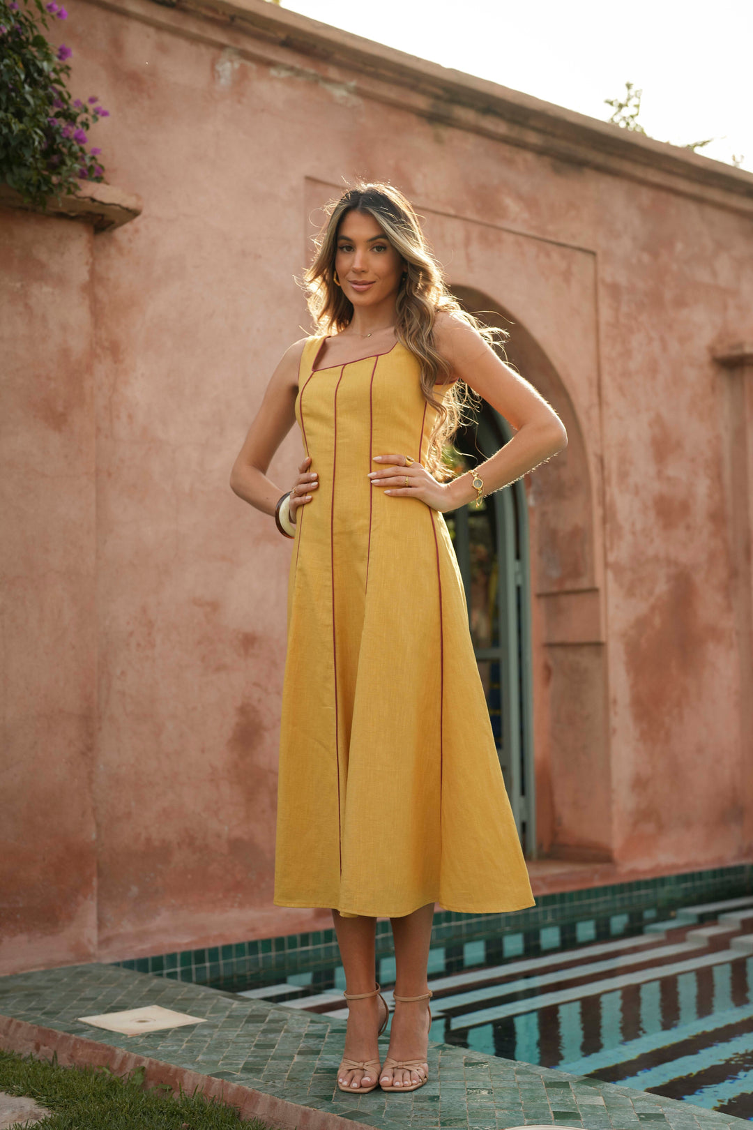 FLORA LINEN MUSTARD DRESS