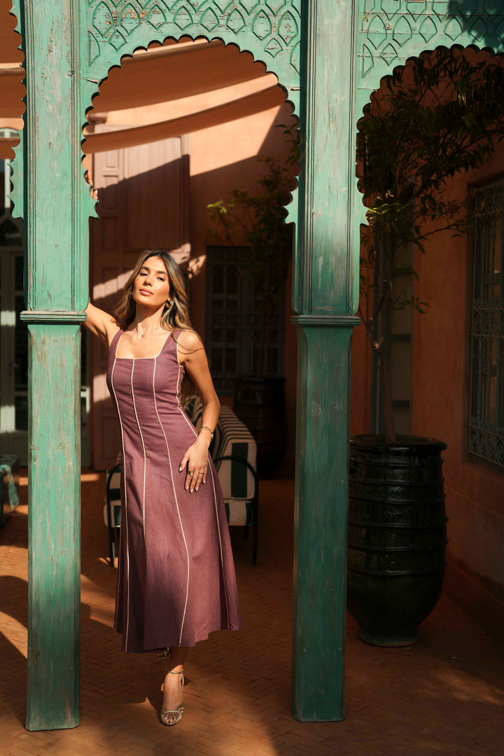 FLORA LINEN AUBERGINE DRESS