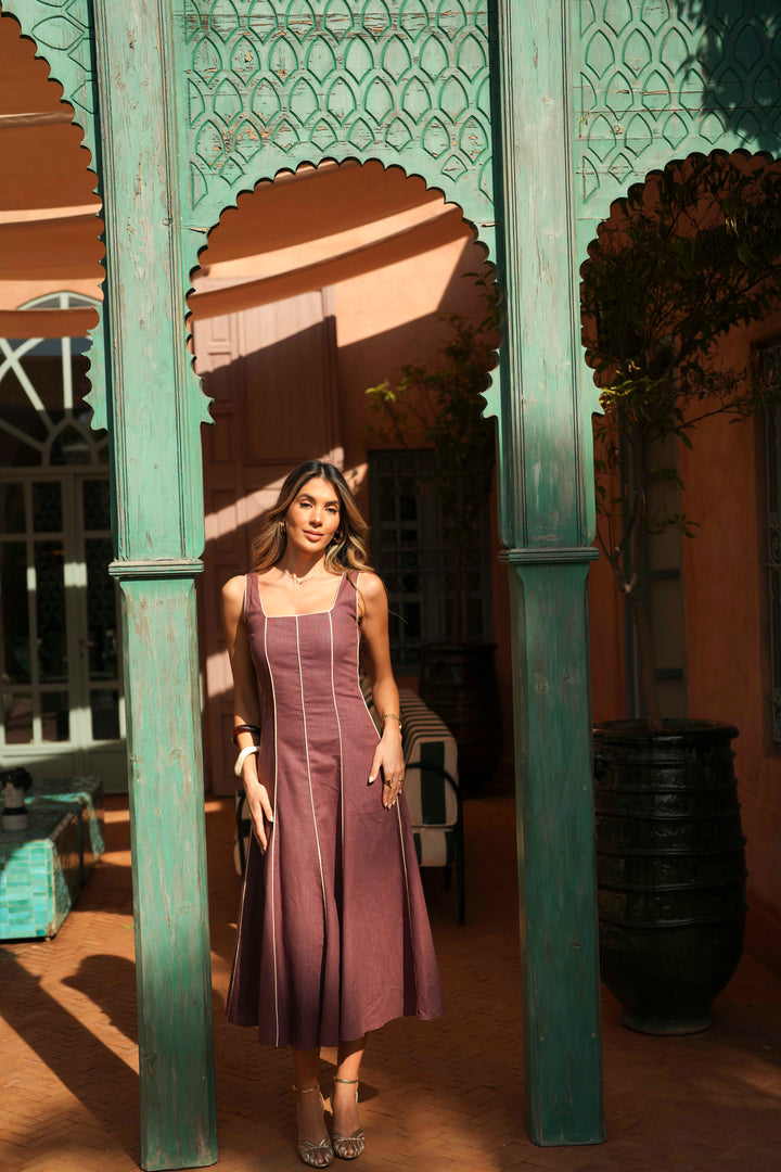 FLORA LINEN AUBERGINE DRESS